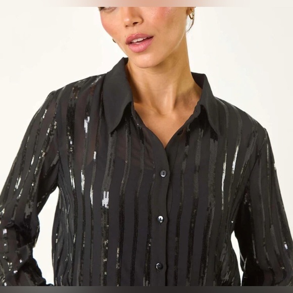 Suzy Shier Tops - Suzy Shier Black Sheer Sequin Button-Down Dress – Size Small